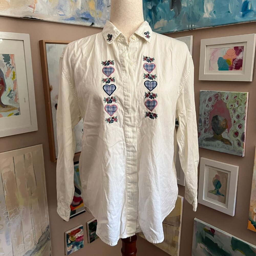 Northern Reflections Embroidered Heart Floral Button Down Vintage Sz XS Cottage